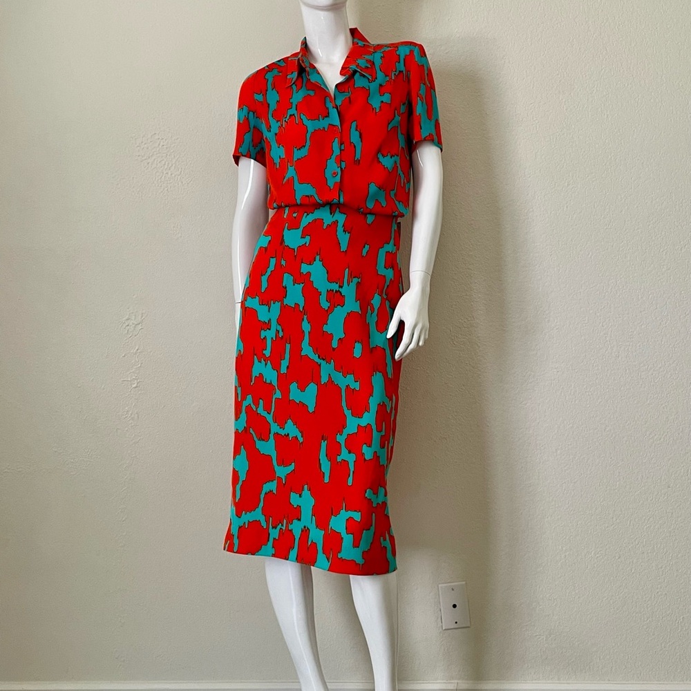 Diane Von Furstenberg Orange and Teal Abstract Print Top & Skirt Set